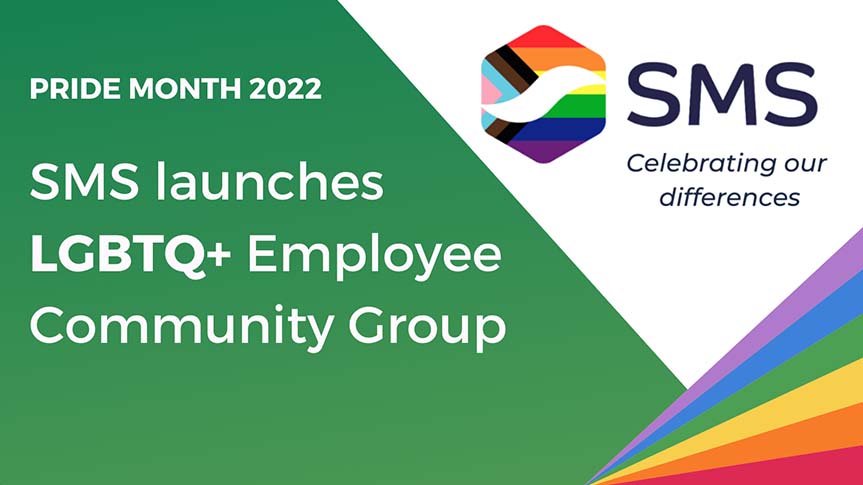 Graphic showing the SMS Pride month 2022 launch details