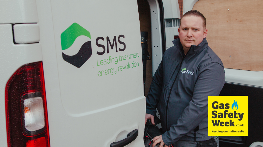 SMS engineer with van and Gas Safety Week logo